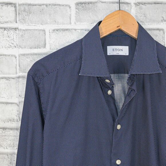 ETON Men's Slim fit Button up Shirt Navy with mini polka dots size 16 - Picture 4 of 5